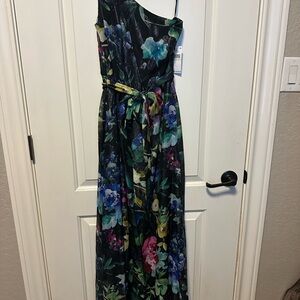 SLNY One-Shoulder Floral Maxi Dress in Black with Blue, Green & Pink